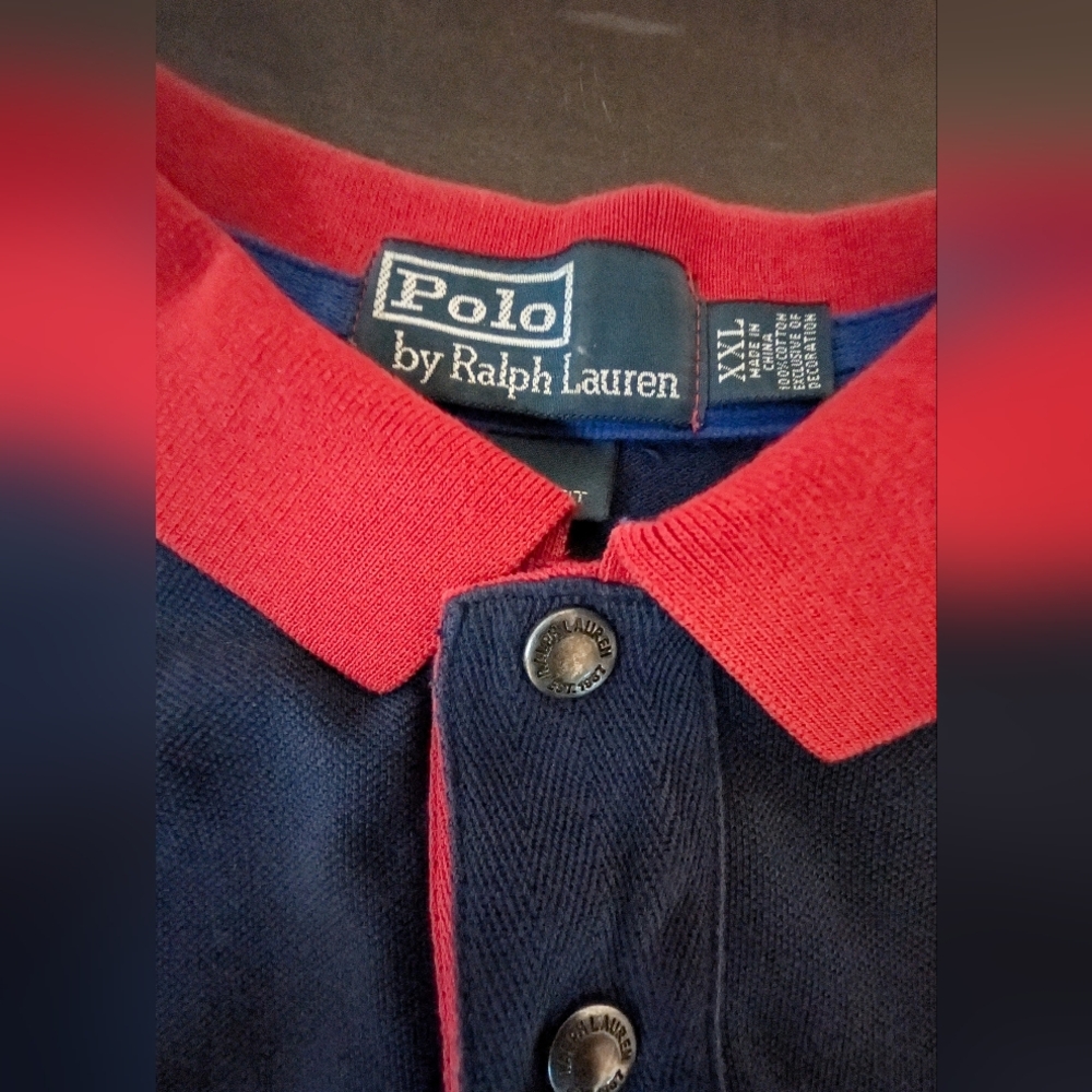 VTG Polo Ralph Lauren 2XL Custom Fit Polo Blue Crest Patch Metal Button - Picture 6 of 12